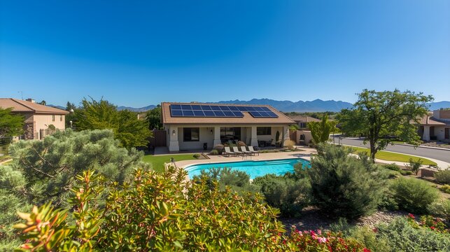 Stone villa architecture in a summer landscape under a blue sky, surrounded by palm trees and a green garden - Powered by Adobe