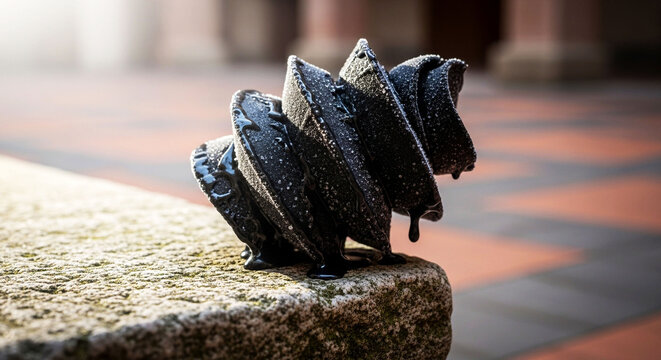 Intricate dark metal sculpture of abstract figures with feathered wings perched on textured stone, Generative Ai - Powered by Adobe