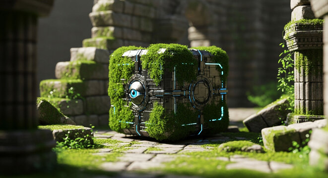 Ancient overgrown technological artifact with glowing blue core nestled within mossy stone ruins of a forgotten civilization, Generative Ai
