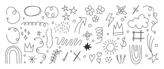 Arrow Hand drawn black doodle elements vector set with bold sketch icons and simple decorative symbols. Perfect design for note decoration, packaging, backgrounds and creative projects.