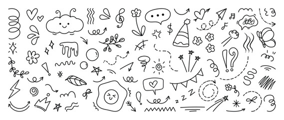 Cute doodle celebration elements vector set with hand drawn flowers, hearts, clouds, party hats, butterflies, sparkles and playful sketch icons. Lovely design for backgrounds, packaging and creative g