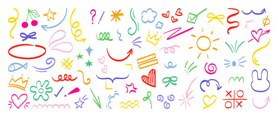 Colorful doodle elements vector pattern with playful hand drawn decorative icons in bright tones. Cheerful design for wallpapers, packaging, backgrounds and greeting cards.