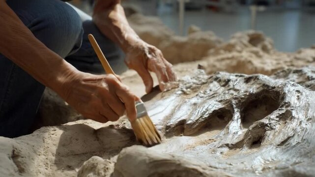 A person using a wide brush to clean dust from a fossil or clay sculpture in a sandy workshop.