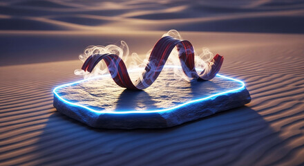 Mysterious glowing crystalline structure emerges from desert sands at sunset with ethereal smoke wisps, Generative Ai