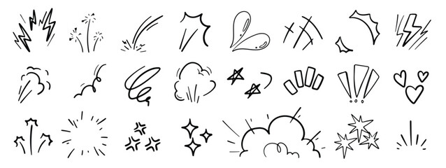 Comic doodle effect elements vector set with hand drawn explosions, clouds, lightning, motion lines, exclamation marks and expressive sketch icons. Perfect design for backgrounds, packaging and creati
