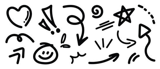 Arrow Hand drawn black doodle elements vector set with bold sketch icons and simple decorative symbols. Perfect design for note decoration, packaging, backgrounds and creative projects.