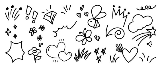Cute doodle elements vector set with hand drawn hearts, butterflies, flowers, stars, sparkles, clouds and playful sketch icons. Charming design for backgrounds, packaging and creative greeting cards.