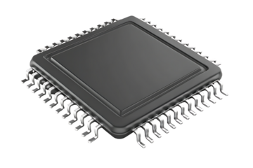 Detailed close up of a modern black integrated circuit chip with many pins on a dark background