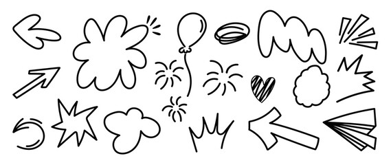 Hand drawn comic element vector set doodle explosion arrow balloon heart decoration illustration