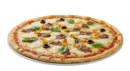 Isolated gourmet pizza with mozzarella olives and basil on white plate