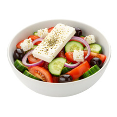 Isolated Greek Salad in White Bowl Fresh Vegetables and Feta Cheese