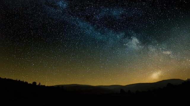 Starry night sky with the Milky Way visible over a dark, hilly landscape.