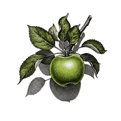 Isolated Green Apple Illustration with Leaves on Black