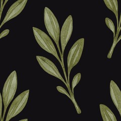 Seamless pattern with mystical green leaves on dark background watercolor illustration