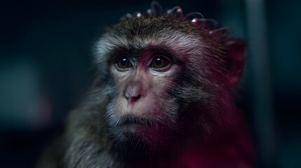Obraz premium Close up portrait of a monkey with electrodes implanted in its head in a research laboratory setting with dramatic lighting