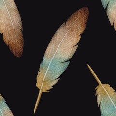 Seamless pattern with mystical feathers on dark background watercolor illustration