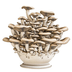 A detailed cluster of mushrooms growing in a decorative ceramic bowl isolated on white background