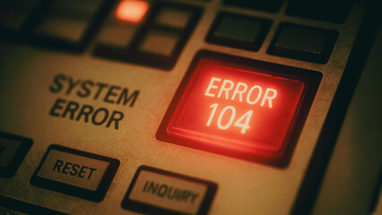 A close-up, eye-level shot dramatically highlights a digital system error illuminated with a stark red light. A visual representation of technological and operational faults.