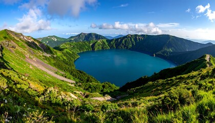 Fototapeta premium Scenic panorama showcasing a pristine caldera lake surrounded by lush green hills