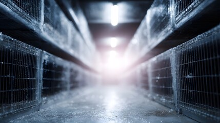 Long hallway lined with rows of metallic cages under dim overhead lighting receding into a bright glowing light