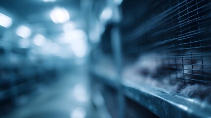 Blurred view of a scientific facility with rows of animal cages in a sterile systematic environment