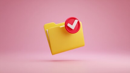 Yellow Folder With Check Mark on Pink Background Represents Organization and Success in Document Management Tasks