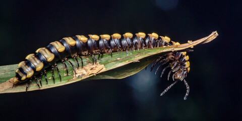 Yellow spotted millipede crawling on green tropical leaf