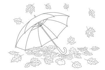 Black and white line drawing of an umbrella amidst falling autumn leaves vector illustration vector
