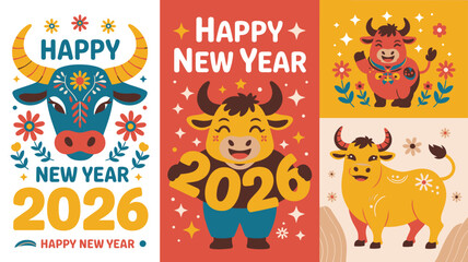 Obraz premium Happy New Year 2026 Festive Cartoon Bull Illustrations with Flowers and Starry Backgrounds Celebrating the Year of the