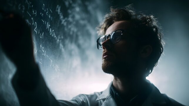 Focused scientist in lab coat writing complex mathematical formulas on a chalkboard with chalk