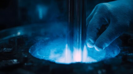 A gloved hand carefully inserts a fuel rod into a glowing blue reactor core generating intense light and steam in a high tech industrial setting