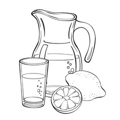 Lemon, glass, and jug of water vector drawing in black and white outline style. Perfect for coloring books, cafe menu design, healthy lifestyle icons, packaging, and educational materials.