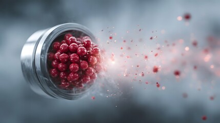 A metallic cylinder ejects a cluster of red spheres creating a dynamic spray of particles and mist