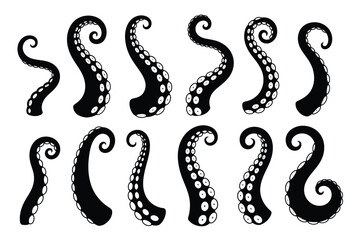 Set of 10 black silhouette tentacle illustrations for versatile vector graphics use vector