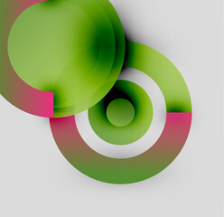 Abstract composition. Overlapping circles, gradients, pink, green, white hues create dynamic visual effect. Minimalist design.