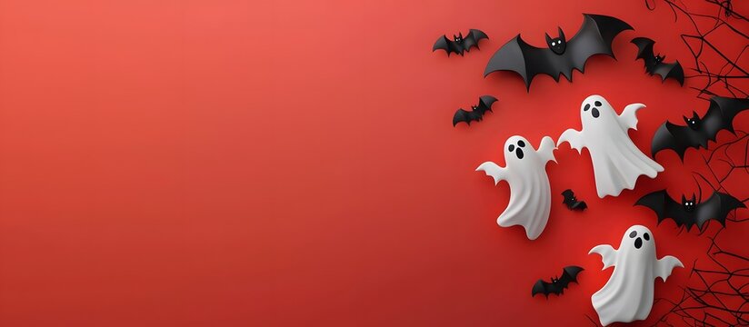 Happy Halloween. Ghosts and bats on a plain background, copy space.