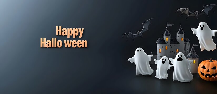 Halloween castle with ghost, pumpkins, and bats