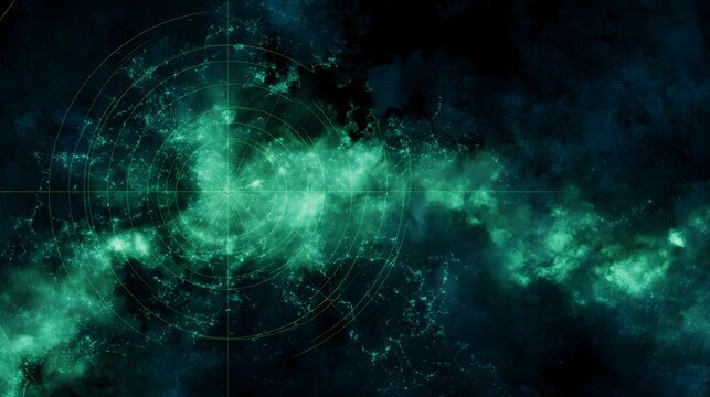 Digital radar interface superimposed on a glowing green nebula in deep space