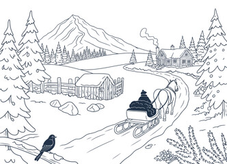 Detailed black and white vector line drawing of a snowy winter scene with horse-drawn sleigh vector