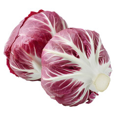 Two fresh heads of radicchio displaying deep red and white veined leaves isolated on white background