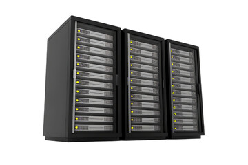Modern server racks filled with technology equipment in a dark data center environment with a black background