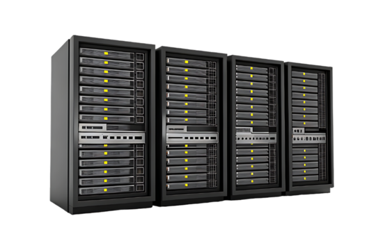 Modern server racks filled with glowing technology in a dark data center environment with a black background