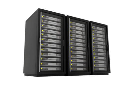 Modern server racks filled with technology equipment in a dark data center environment with a black background
