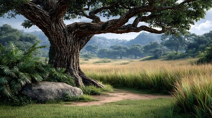 Fototapeta premium A large tree with wide branches casting shadows over a grassy clearing.