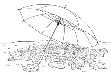 Black and white line art illustration of autumn umbrella and fallen leaves vector vector