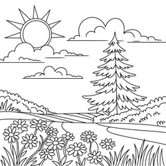 Sunny meadow scene black and white line art vector illustration scalable eps vector