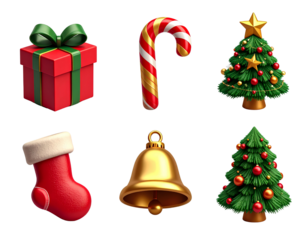 Six Minimalist 3D Christmas Icons Set Red Green Gold Candy Cane Stocking Hat Gift Tre