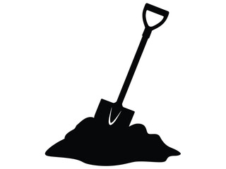 Black silhouette illustration of a shovel digging into a pile of soil vector graphic vector