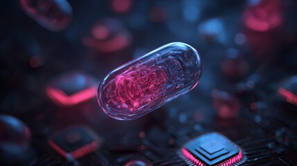 Nanomedicine envisions tiny robots easing pain and delivering drugs. Microscopic machines, nanobots, and chips operate within a metaverse powered by AI, all rendered in 3D.
 