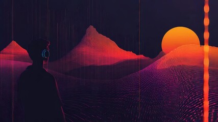 Person listening to music in retro synthwave landscape - Powered by Adobe
